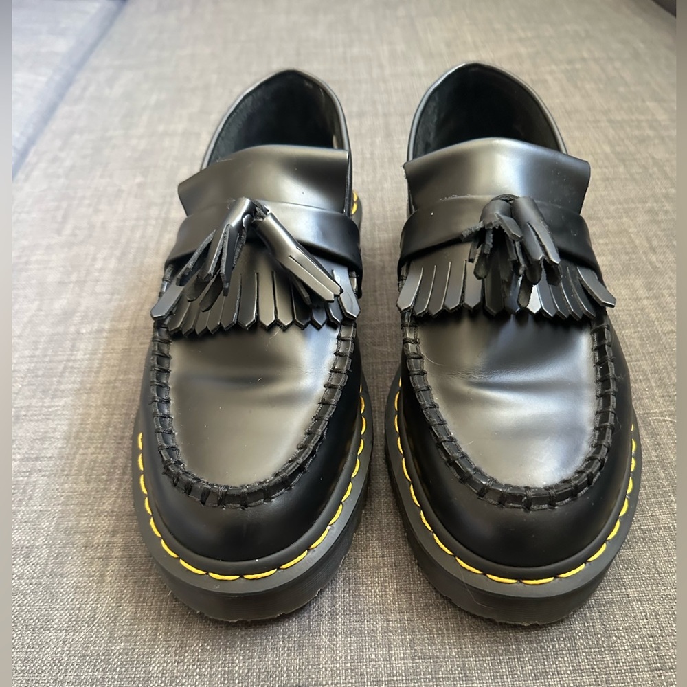 Dr. Martens Black Leather Tassel Kiltie Loafers with Yellow Stitching